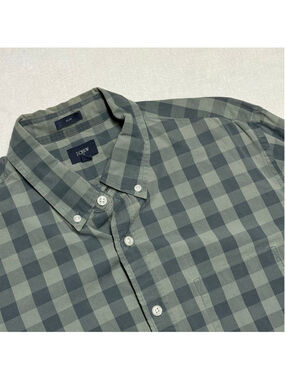 Men's J.CREW Casual Button Down Shirt Large Green Black Gingham Plaid